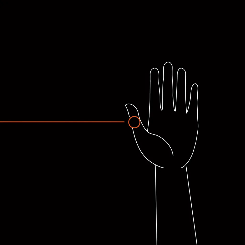 Ilustración de línea: una mano abierta detiene una traza naranja, con un nodo abierto justo en el punto donde se detiene