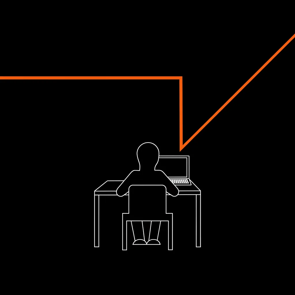 Ilustración de línea: una persona en su escritorio y una traza naranja que sale de la pantalla y continúa fuera del cuadro